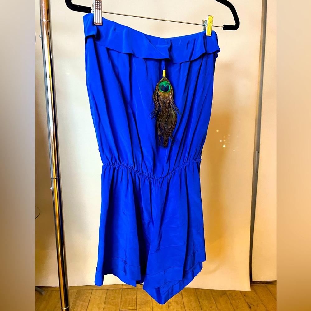 C/Z Karina Grimaldi Cobalt Blue Romper with peacock imitation feather detail